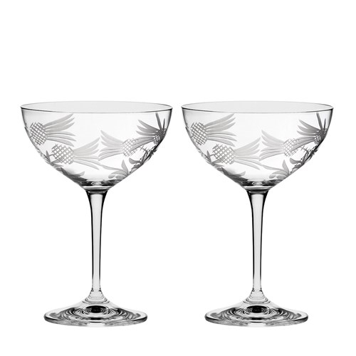 Flower of Scotland 2 Saucer Champagne Coupe Glass 155mm (Gift Boxed) Royal Scot Crystal - Next Day Delivery